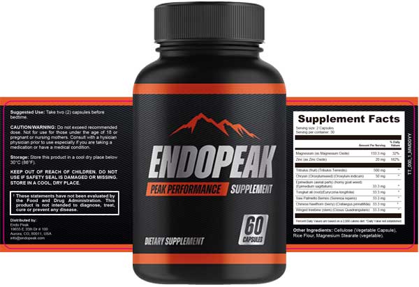 EndoPeak label and supplement facts